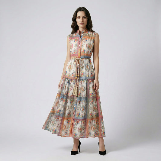 Full length view of the Nichole sleeveless maxi dress featuring a vibrant patchwork floral print and a rope tassel waist belt.