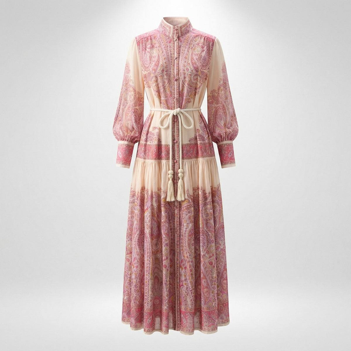 Front view of Olivera pink paisley print maxi dress with white rope tassel belt and lantern sleeves.