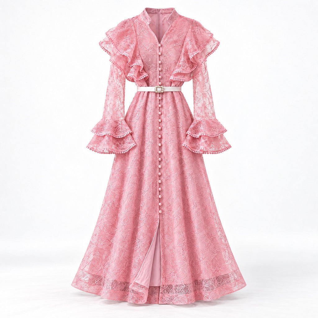 pink floral lace fabric with pearl buttons and ruffle trim dress