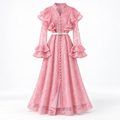 pink floral lace fabric with pearl buttons and ruffle trim dress