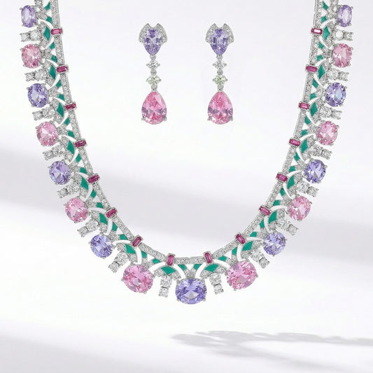 Pink and purple cubic zirconia rivière necklace and teardrop earrings set in silver color metal