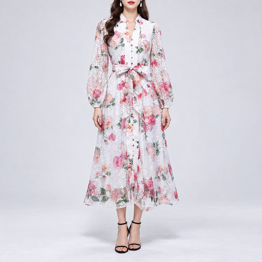 Pink and white floral printed lace long sleeve maxi dress