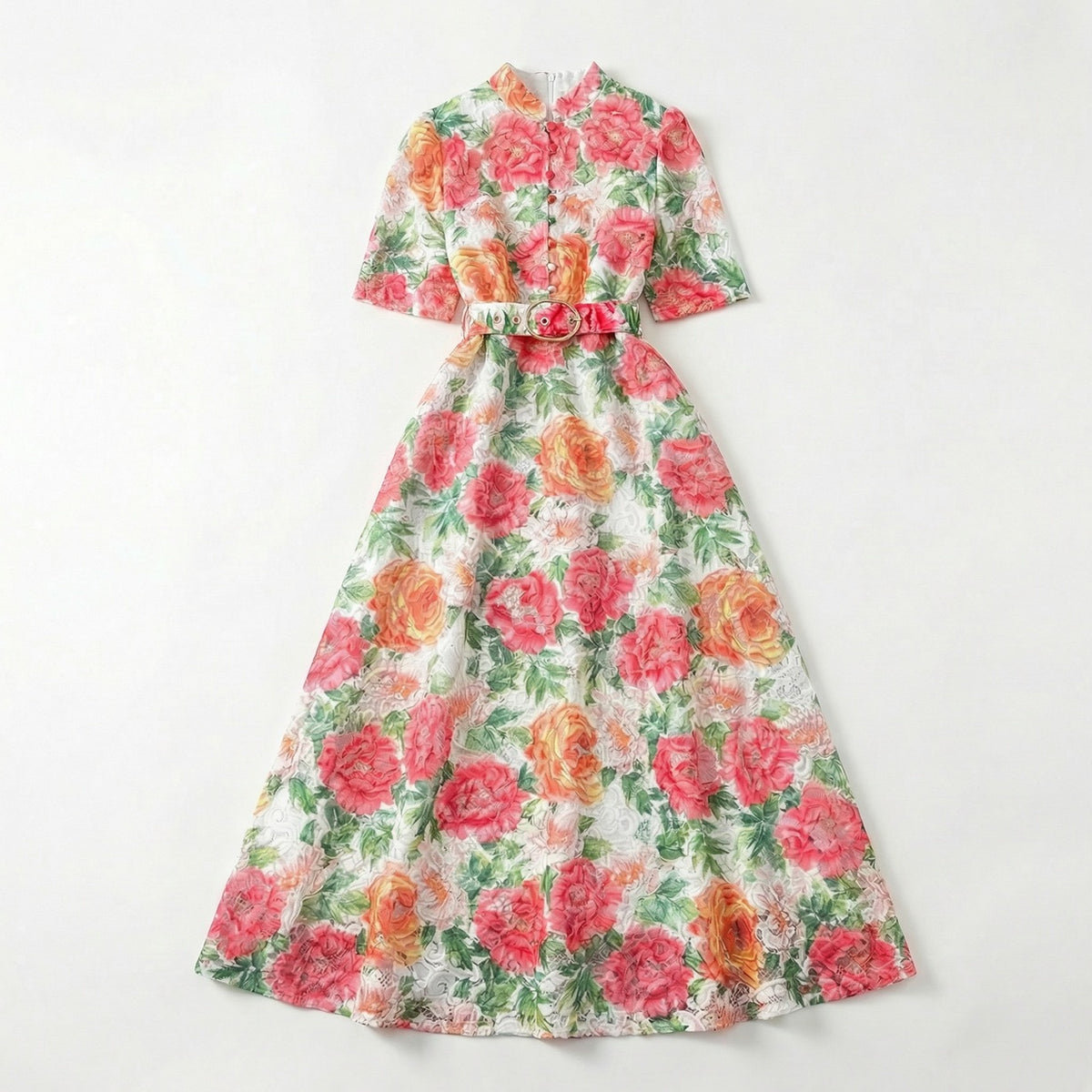 Floral dress with pink and orange flowers on a white background