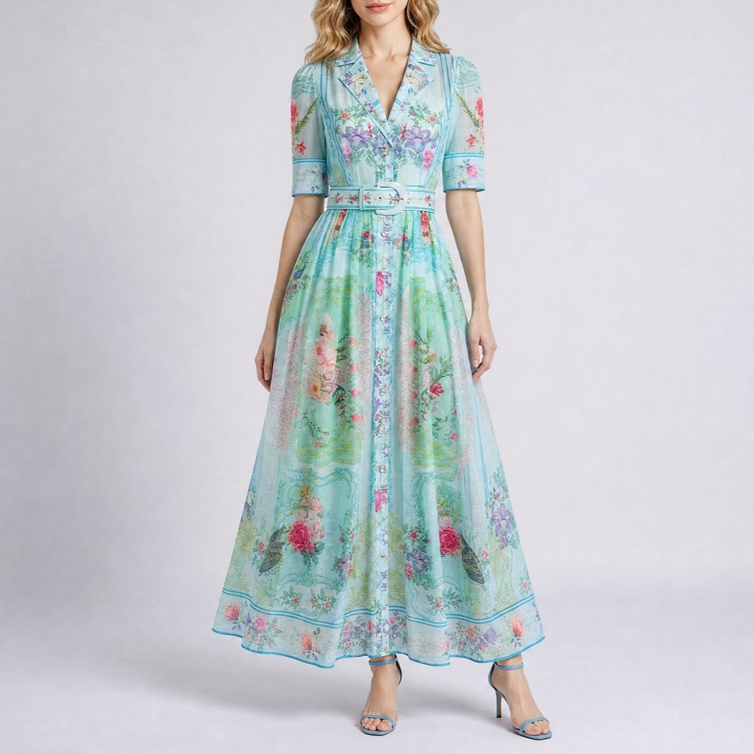 blue Sara floral maxi dress featuring a high-waisted belt, midi sleeves, and a long flowing skirt with a length of 135 cm (53 inches).blue Sara floral maxi dress highlighting the delicate fabric structure and row of elegant faux pearl buttons running down the center front.