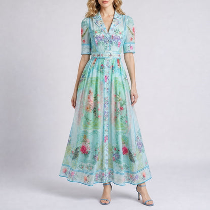 blue Sara floral maxi dress featuring a high-waisted belt, midi sleeves, and a long flowing skirt with a length of 135 cm (53 inches).blue Sara floral maxi dress highlighting the delicate fabric structure and row of elegant faux pearl buttons running down the center front.