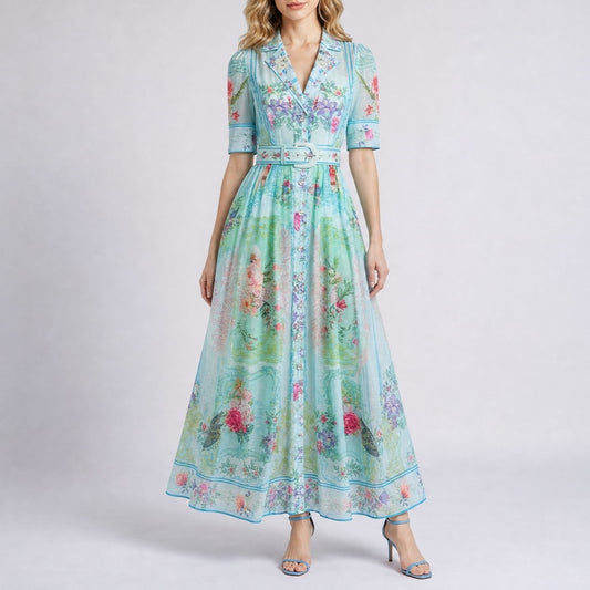 blue Sara floral maxi dress featuring a high-waisted belt, midi sleeves, and a long flowing skirt with a length of 135 cm (53 inches).blue Sara floral maxi dress highlighting the delicate fabric structure and row of elegant faux pearl buttons running down the center front.