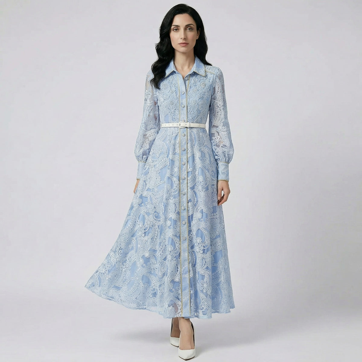 Front view of the Segrid sky blue embroidered lace gown with belt.