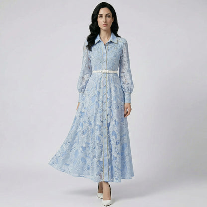 Front view of the Segrid sky blue embroidered lace gown with belt.