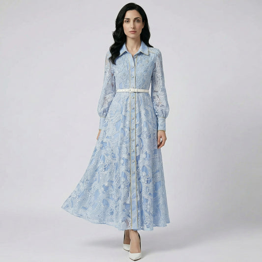 Front view of the Segrid sky blue embroidered lace gown with belt.