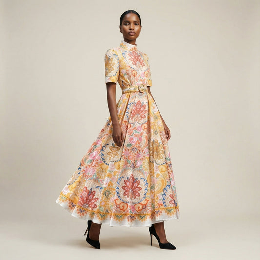 A woman modeling the Selvi long-sleeved black ribbed knit dress featuring a striking white, orange, and brown ombré pleated skirt panel.
