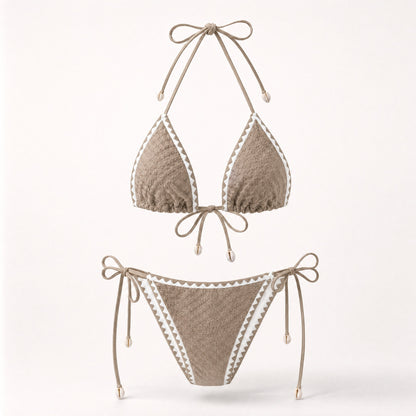 Earthy mocha tan boho bikini with shell details and white trim.
