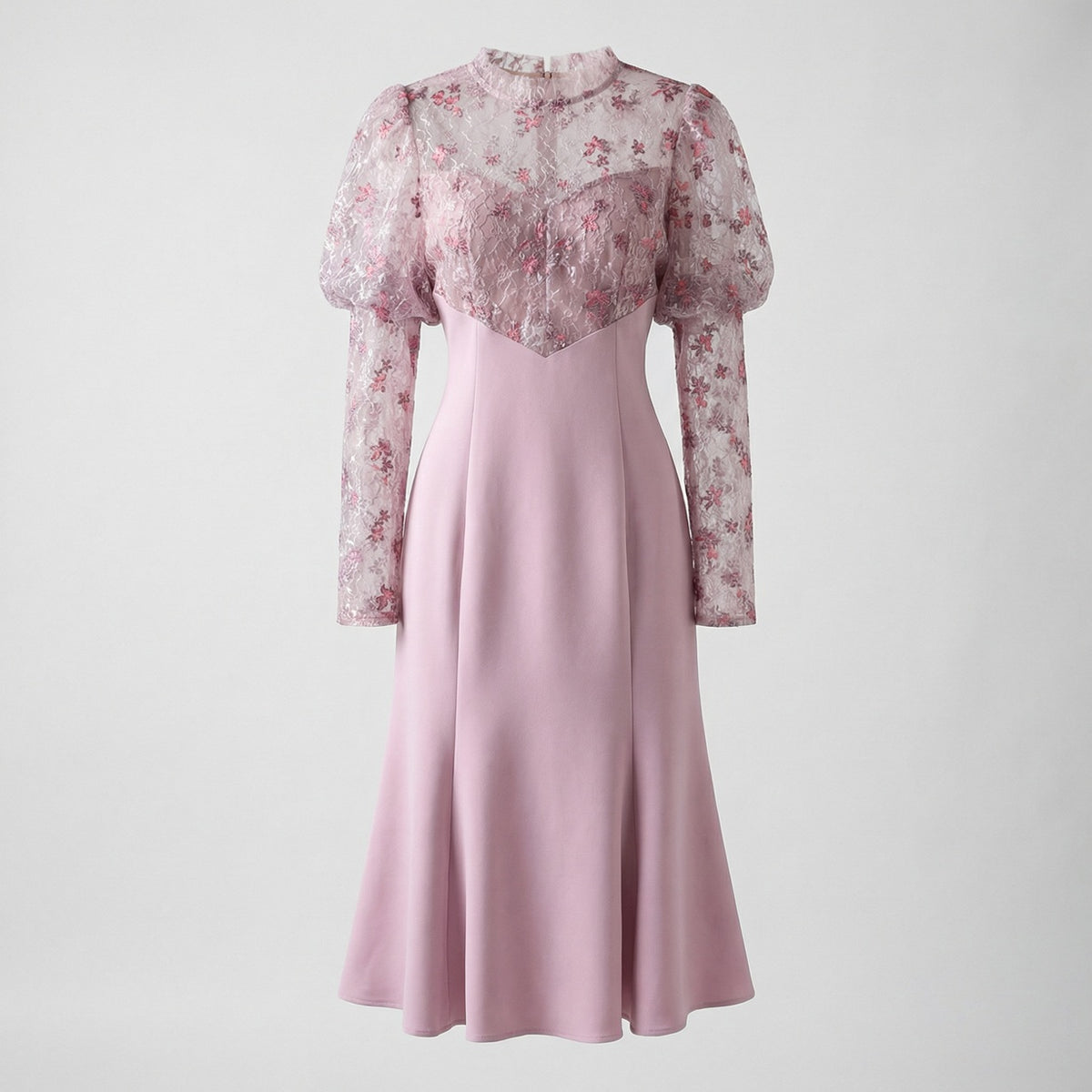 Front view of the Stella mauve mini dress featuring purple floral lace embroidery, puff sleeves, and a flared mermaid skirt.