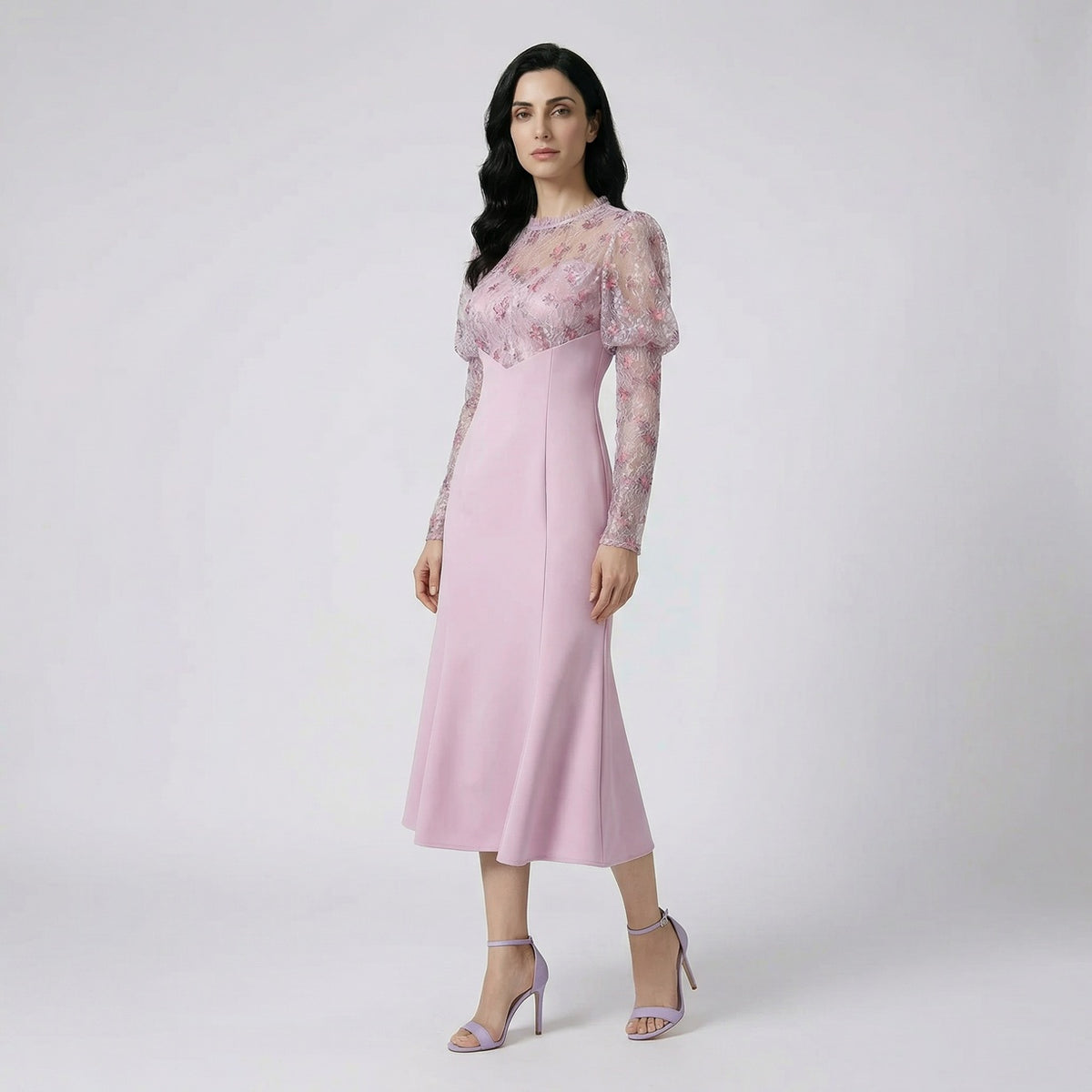 Front view of the Stella mauve mini dress featuring purple floral lace embroidery, puff sleeves, and a flared mermaid skirt.