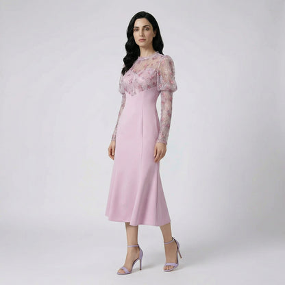 Front view of the Stella mauve mini dress featuring purple floral lace embroidery, puff sleeves, and a flared mermaid skirt.