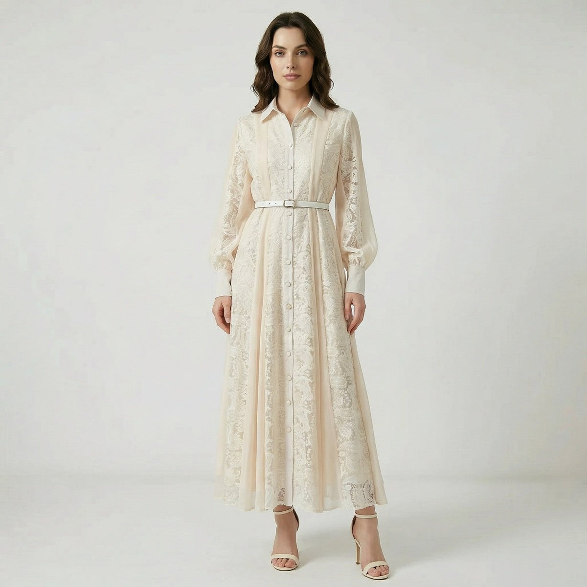 Long sleeve Susan maxi dress with vintage paisley embroidery and waist belt in cream and black.