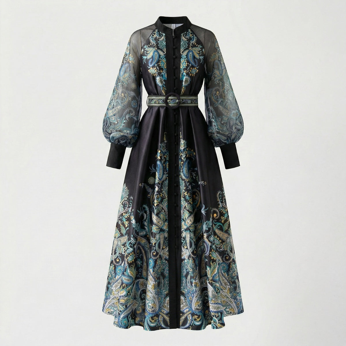 Tania elegant maxi dress with sheer lantern sleeves and gold paisley print