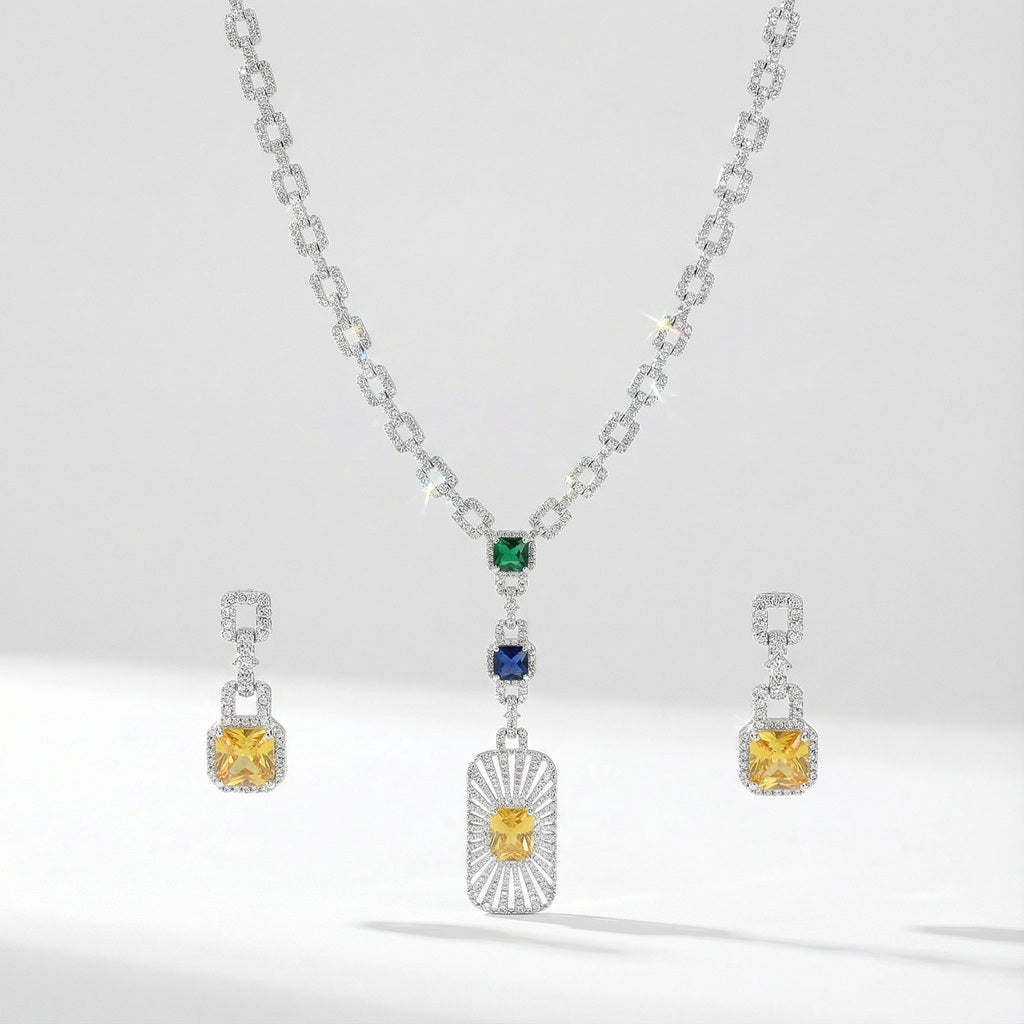 Wafa Set multi-color cubic zirconia necklace and earrings with emerald, sapphire, and yellow crystals