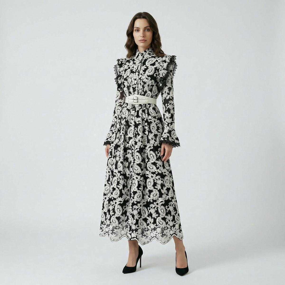 Xolile floral embroidered lace maxi dress with ruffled shoulders and white double-buckle belt, shown in pink, blue, and black.