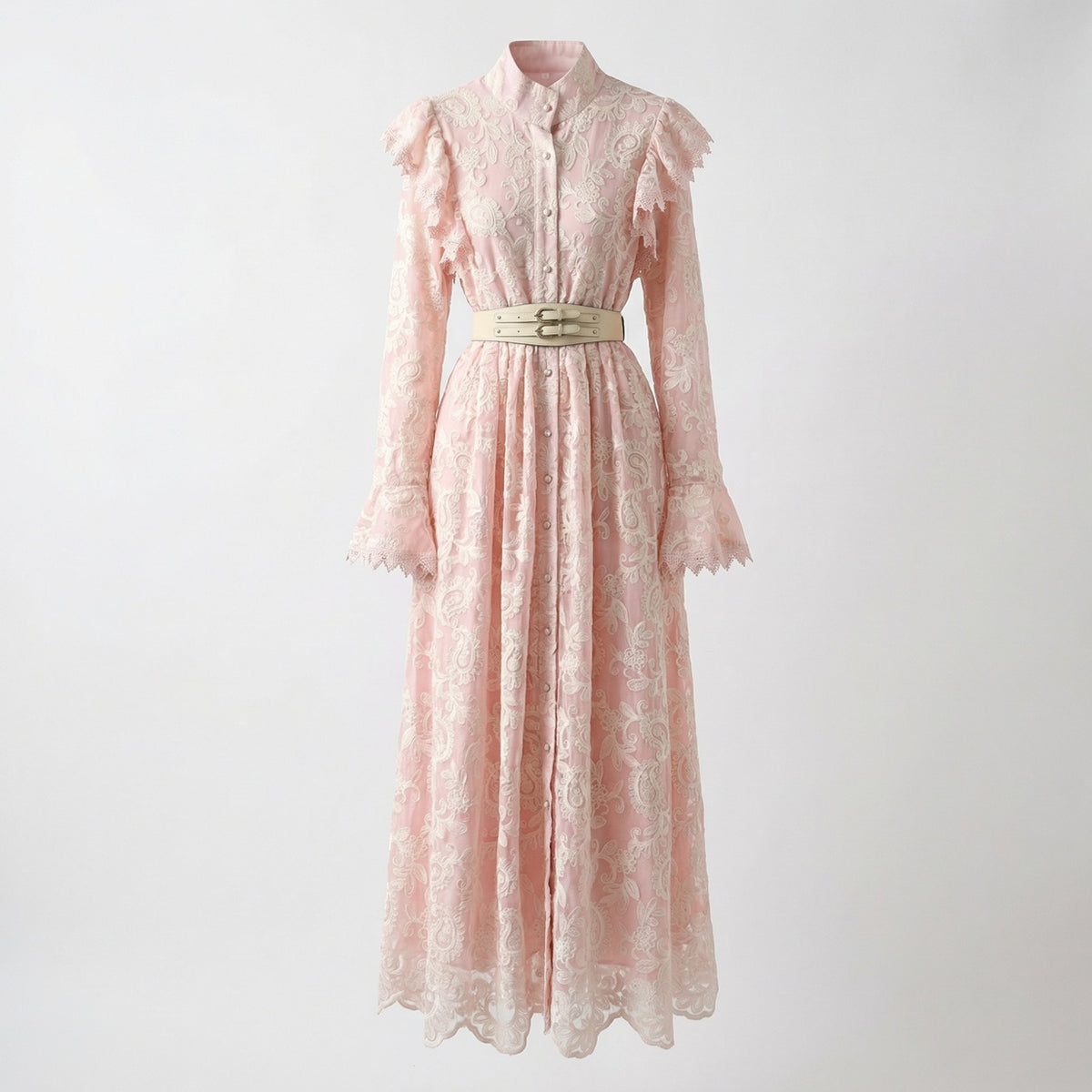 Xolile floral embroidered lace maxi dress with ruffled shoulders and white double-buckle belt, shown in pink, blue, and black.