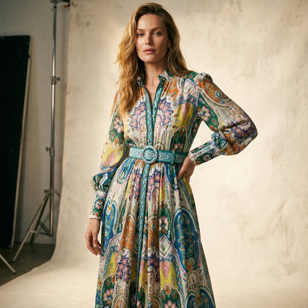 Yasmin long sleeve maxi dress featuring a belted waist and available in white floral or colorful paisley patterns.