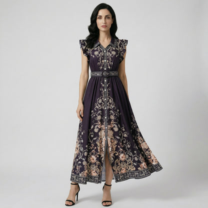 ayla maxi dress in teal green with ornate floral print, ruffle sleeves, and matching belt.