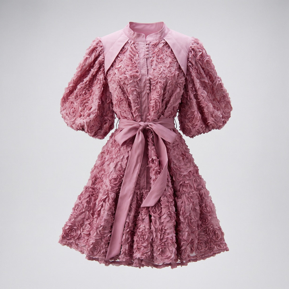 Zoe 3D rosette textured mini dress with puff sleeves and waist tie, 95cm length, available in black, pink, purple, wine, and cream.