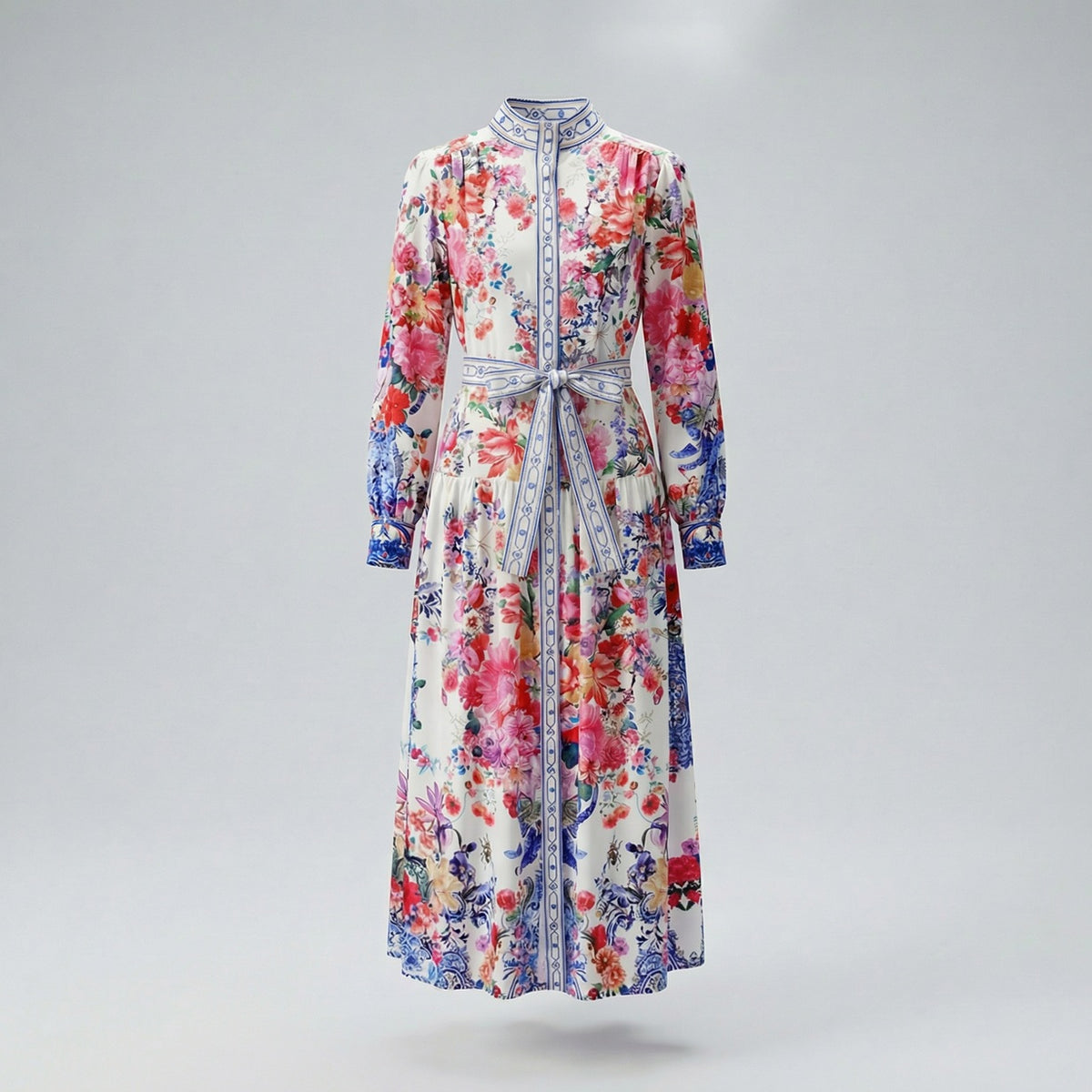 Woman wearing Zohra long sleeve maxi dress with pink floral and blue porcelain print, 130cm length.
